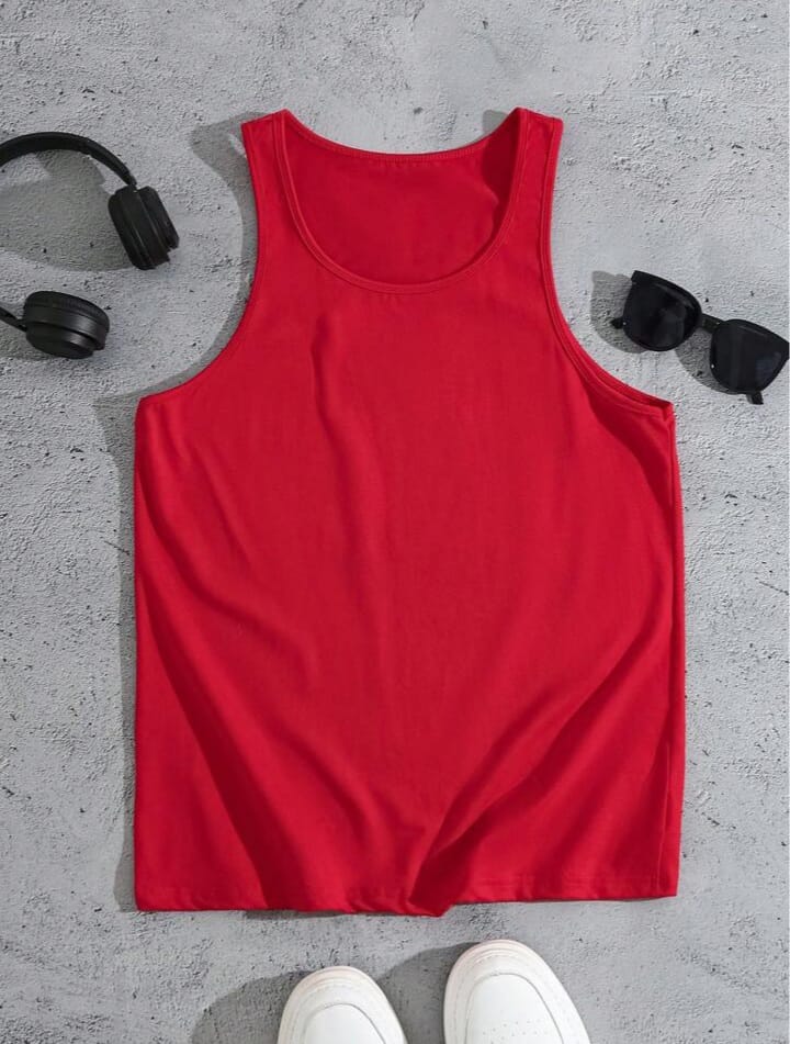 Men's Solid Color Pleated Round Neck Sleeveless Tank Top, Summer